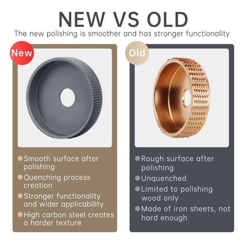 Comparison of new and old multi purpose wood carving disc showing smoother surface and higher functionality of new disc.