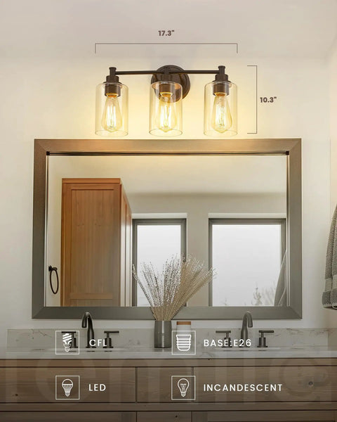 Three Light Vanity Light Fixture For Farmhouse Bathroom With Metal Wall Sconce Clear Glass Shades Oil Rubbed Bronze