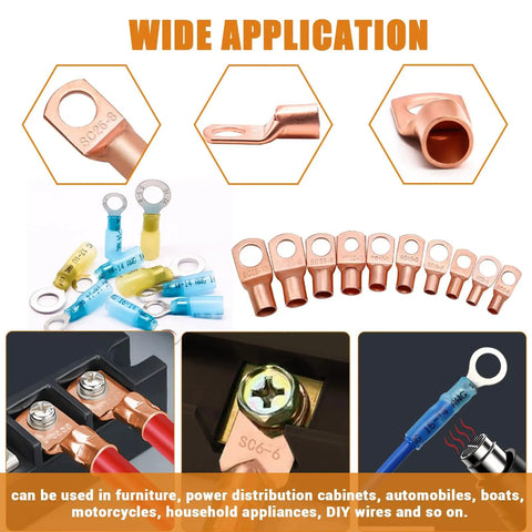 Heavy Duty Copper Wire Lug Kit 130Pcs AWG 2 To 16 Ring Terminals With Heat Shrink Tubing displaying various applications