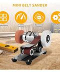 Tiny Electric Belt Sander Machine With Grinder Set For Knife Sharpening And Polishing Compact Desktop DIY Tool For Edges And Blades, showing adjustable components.