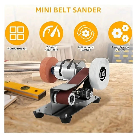 Tiny Electric Belt Sander Machine With Grinder Set For Knife Sharpening And Polishing Compact Desktop DIY Tool For Edges And Blades, showing adjustable components.