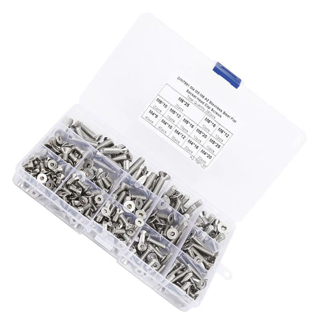 Heavy Duty 260 Piece Assorted Flat Head Hex Socket Screw Set With Countersunk Fasteners In M4 M5 And M6 Sizes Made From Top Grade Stainless Steel 304 in clear storage box.