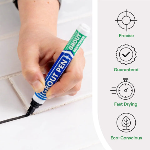 Hand using Black Tile Grout Pen For Quick DIY Refresh Waterproof Grout Paint Marker Colorant And Sealer on tile grout