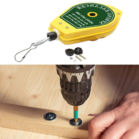 Spring Balancer Hanging Fixture Holder With Lock For Easy Tool Handling Pro Grade Portable Retractable Support 0.5kg To 1.5kg Weight Capacity Ideal For Workshops Garages And Job Sites, yellow housing with drill setup