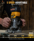 Real Deal Cordless Plunge Router Kit With Fixed And Plunge Bases ready for precise wood routing with adjustable speed from 12K to 28K RPM.
