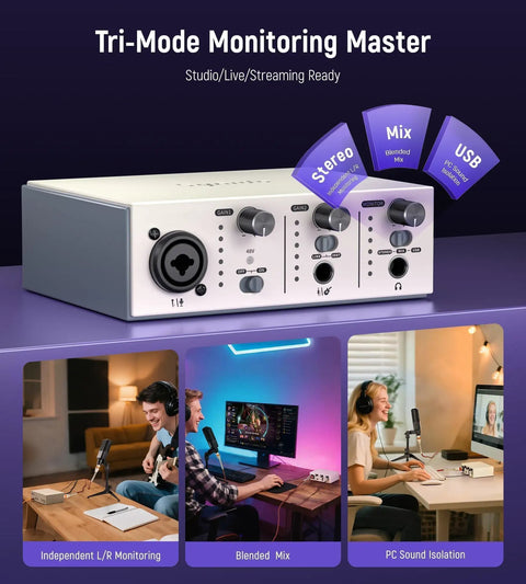 Tri-mode monitoring USB C Audio Interface for Recording, Streaming and Podcasting with 2 Channel XLR, silver model.
