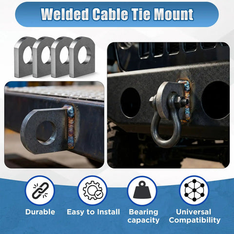 Welded Cable Tie Mount, durable 3/8 inch thick heavy duty steel, easy to install for towing and recovery applications.