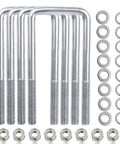 Four Sets Of 304 Stainless Steel Square U Bolts With Nuts And Washers, Half Inch Diameter By Three Inch Wide By Seven And Five Sixteenths Inch Long