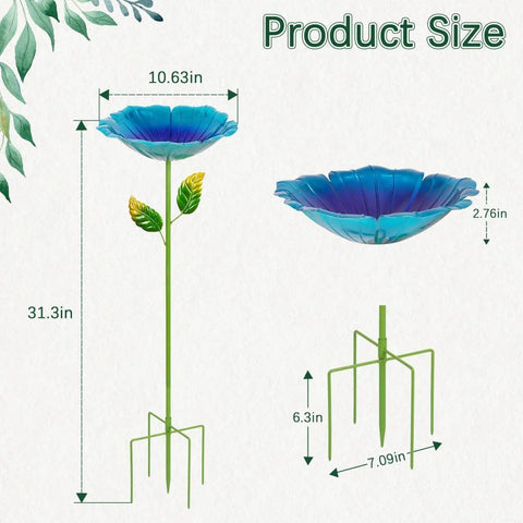 Colorful Metal Bird Bath for Outdoors, Flower Garden Hummingbird Bath on Five Stakes, Small Birdbath for Garden Decor, 31.3 Inches High and 10.63 Inch Diameter, Blue and Yellow, 2 Pack.