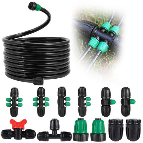 Drip Irrigation Tubing Kit 33 Ft Main Line One Half Inch Flexible PVC Tubing With Barbed Locking Connectors and Tees