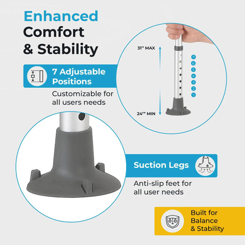 Adjustable Toilet Safety Rails With Hella Tough Handles Builds Rock Solid Support Structure for Elders and Disability Needs Supplies Badass Weight Capacity and Gnarly Anti Slip Texture Secures Your Daily Flush Routine in Black, showcasing adjustable height and anti-slip suction legs.