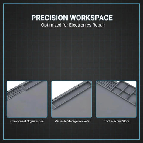 Pro Grade Silicone Electronics Repair Mat With Heat Resistant Anti Static Surface For Soldering And Phone Repair Magnetic Screw Positioning Non Slip Workbench Pad Up To 932 F 500 C with component organization, storage pockets, and screw slots.