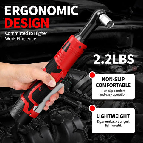 Hand holding Cordless 18V Electric Ratchet Wrench Set With Variable Speed and LED Light, lightweight and ergonomic design