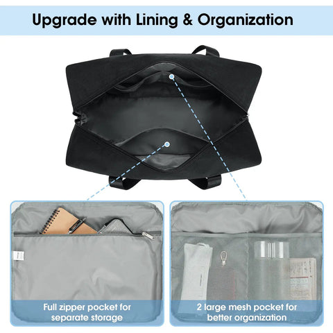 Foldable Travel Duffel Bag 30L Fits Underseat Personal Item 18x14x8 interior showing pockets for organization.