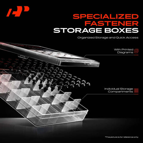 Clear storage box for Dodge Charger 2011 To 2023 Retainer Clip Kit, showing compartment layout and printed diagrams