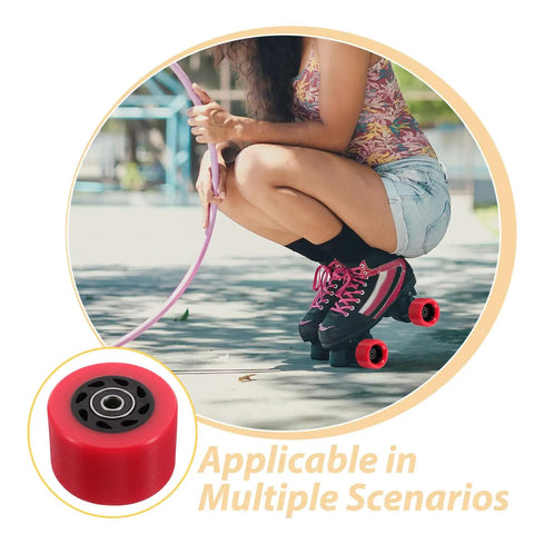 Red 92A Quad Roller Skate Wheels Replacement For Speed Skates Indoor Outdoor Use on a girl's skates, with extra wheel detail
