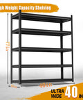 Heavy Duty 5 Tier Garage Shelving Unit With 2500 Pound Capacity, 72 Inch High, 40 Inch Wide Industrial Metal Shelves