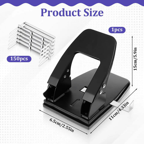Heavy Duty Two Hole Punch With 150 Paper Fasteners For Office Files And Folders, Punches Up To 30 Sheets Per Use, Padded Handle, Black Finish