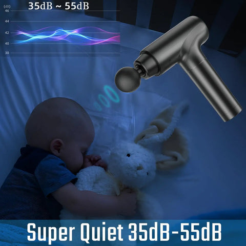 Quiet massage gun with heat head placed near sleeping baby, showcasing 35dB-55dB quiet operation for deep tissue muscle relief.