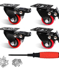 Set of four 1.5-inch polyurethane swivel caster wheels with brakes and mounting plates; includes screws and screwdriver.