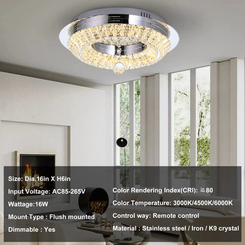 Lit Crystal Ceiling Light Chandelier 16 Inch Flush Mount Dimmable 3 Color Change Modes 16W 32W Max Timmer, stainless steel and K9 crystal design.