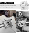 Tough Nails Cube Brake Caliper Compression Tool With 3/8 Inch Drive Socket in use for piston reset during brake pad installation.