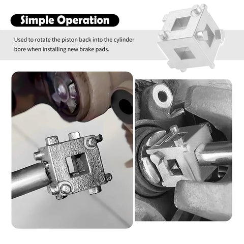 Tough Nails Cube Brake Caliper Compression Tool With 3/8 Inch Drive Socket in use for piston reset during brake pad installation.
