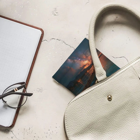 Compact PU Leather Coin Purse And No Zipper Makeup Bag With One Hand Open Shrapnel Hardware on a table with accessories.