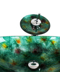 Top Drawer Green Oval Tempered Glass Vessel Sink For Stylish Bathroom Vanity Refresh Above Counter Wash Basin With Pop Up Drain and No Sweat Setup Built Rock Solid And Scratch Resistant Always, top view focusing on the sink and pop-up drain.