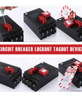Installing Twenty Pack Pro Grade Universal Circuit Breaker Lockout Devices with screwdriver and tags on electrical panel