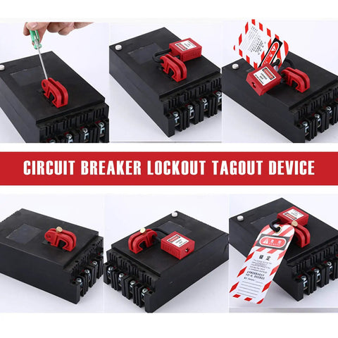 Installing Twenty Pack Pro Grade Universal Circuit Breaker Lockout Devices with screwdriver and tags on electrical panel