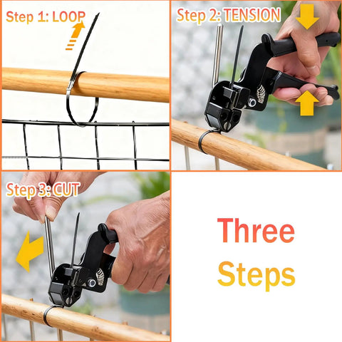 Heavy Duty Metal Zip Ties Kit With Cable Tie Gun, 100 Pack, 11.8 Inch showing three steps: loop, tension, cut for fencing