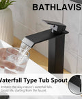 Matte Black Vessel Sink Faucet Solid Brass Tall Waterfall Style For Single Hole Sinks Modern Vanity Bath RV With Pop Up Drain