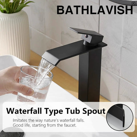 Matte Black Vessel Sink Faucet Solid Brass Tall Waterfall Style For Single Hole Sinks Modern Vanity Bath RV With Pop Up Drain