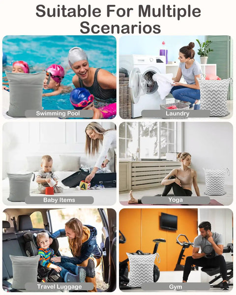 Waterproof Wet Dry Bag Set For Cloth Diapers And Swimwear shown in various scenarios, including swimming pool, gym, and laundry.