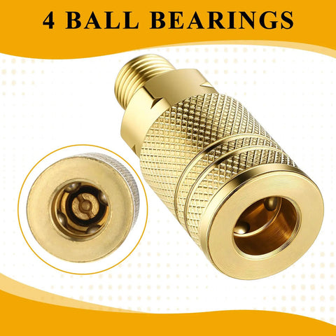 Close-up of brass 1/4 In NPT quick connect coupler from Air Hose Fittings Kit 16 Pc for pneumatic tools and compressors.
