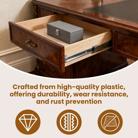 Smooth Sailing Kitchen Drawer Rail Bracket Replacement Set With Heavy Duty Nylon Side Track Brackets And Rear Backplate To Cure Janky Stuck Cabinet Slides In Crisp White Plastic, showing a drawer with nylon brackets.