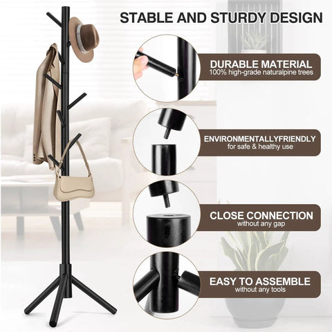 Freestanding Wooden Coat Rack With Eight Hooks And Three Section Adjustable Height Tree Design For Bedroom Hallway Or Office