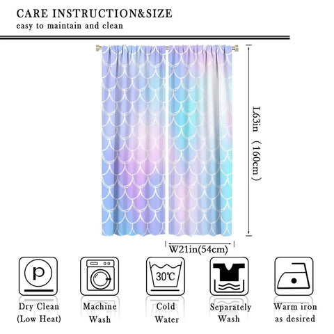 Mermaid Blackout Curtains For Girls Bedroom With Ocean Wave And Fish Scale Pattern, Blue And Pink, 2 Panels Each 21x63 Inches