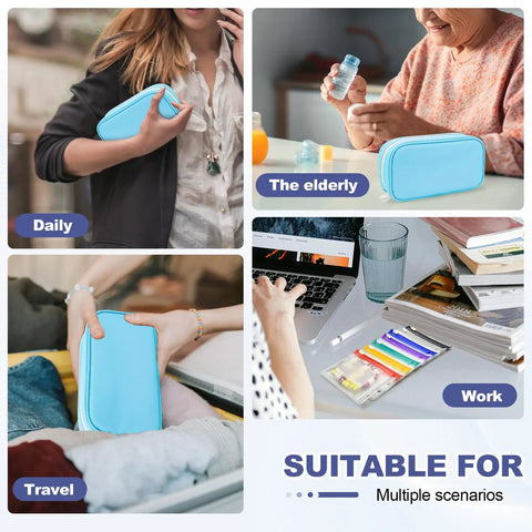 Weekly Pill Organizer For Travel With 14 Pill Pouch, waterproof, twice daily dosing, BPA-free, handbag style, blue.