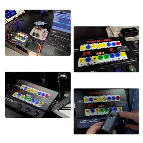 Auto ECU Breakout Box GT100 OBDII Protocol Detector setup with laptop for diagnostics and coding.