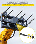 Beefed Up 39 Inch Hay Bale Spear With 3600 Pound Capacity Quick Attach Square Bale Spear on yellow loader, hex nut detail