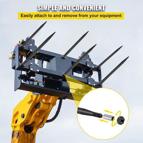 Beefed Up 39 Inch Hay Bale Spear With 3600 Pound Capacity Quick Attach Square Bale Spear on yellow loader, hex nut detail
