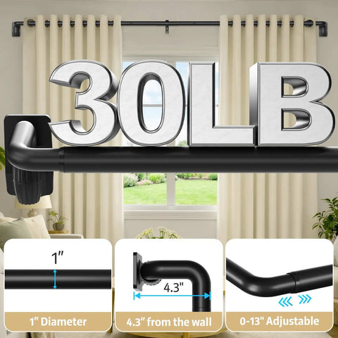 Blackout Curtain Rods With Quick Release Wrap Around Design 1 Inch Adjustable Heavy Duty Matte Black 30 lb Capacity Details