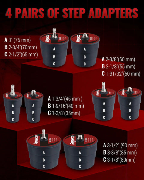 Reywoo turbo boost leak tester kit with 10 black cylindrical units and red tops, four sets of stepped adapters A/B/C.