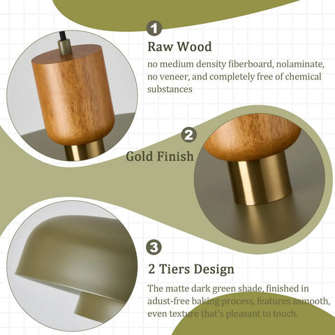 Mid Century Pendant Light 19 Inch Chandelier Featuring Bold Deep Green Shades Paired With Sleek Natural Wood And Polished Brass Accents close-up view of wood and brass details