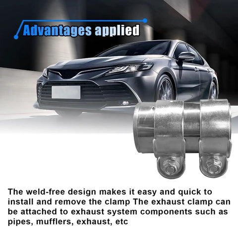 Stainless Steel 2 Inch Exhaust Clamp With Butt Joint Band Sleeve Connector For Mufflers And Tubes beside a car