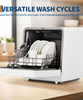 Plug And Play Portable Countertop Dishwasher With Zero Plumbing, Features Built-In Water Tank, plates and utensils inside.