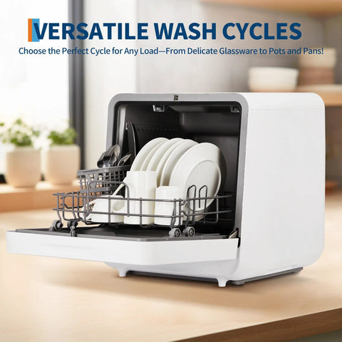 Plug And Play Portable Countertop Dishwasher With Zero Plumbing, Features Built-In Water Tank, plates and utensils inside.