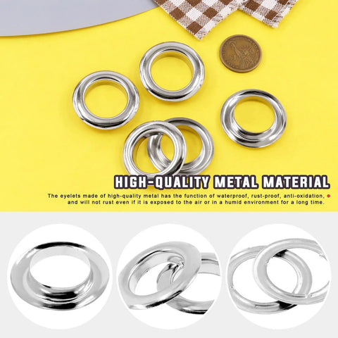 40 Piece Grommet Eyelet Set With Washers For Bead Cores, Clothes, Leather, Canvas Projects, Thick Metal Eyelets displayed on yellow surface